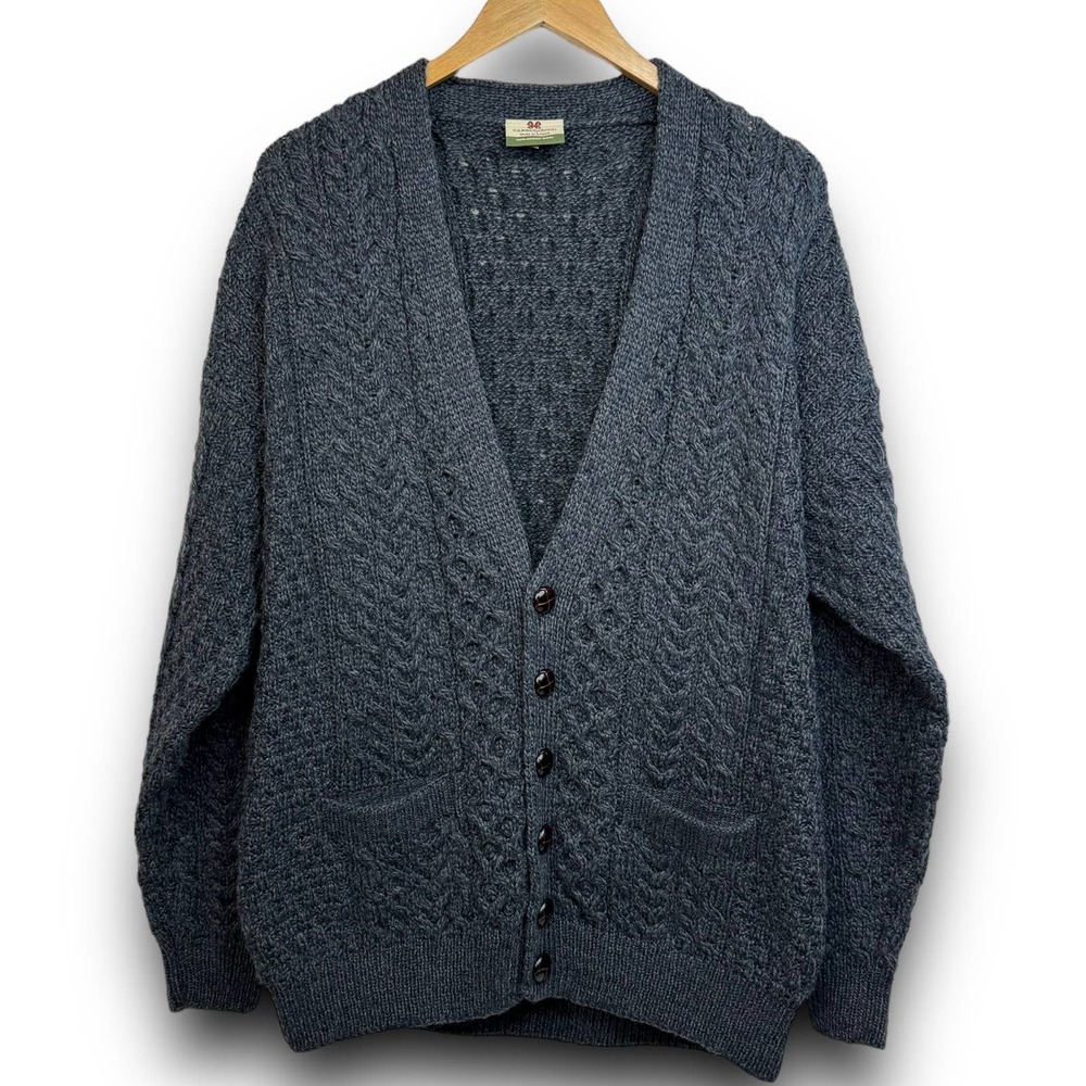 Carraig Donn Mens Fisherman Cardigan Sweater Aran Merino Wool Gray Size Large